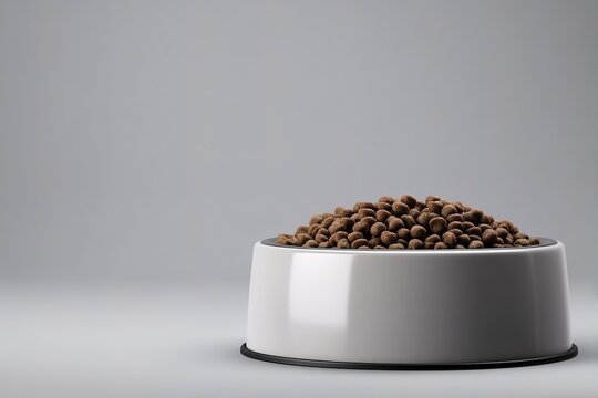 Pet food bowl filled with dry kibble on a simple gray background for pet nutrition and feeding guides