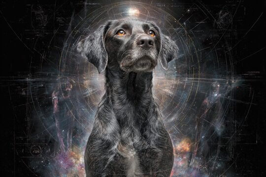 Holographic projections of adopters surround dog in futuristic shelter. Dog celebration. Aging dog's birthday party at shelter goes unattended, sparking sadness. Dog longing. Virtual adoption.