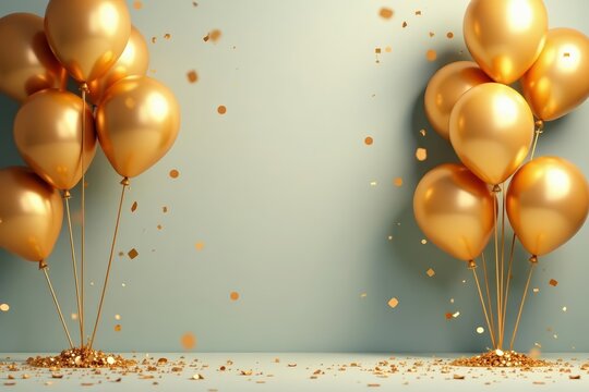 Vibrant celebration theme with elegant gold balloons and glittering confetti, gold, party, confetti