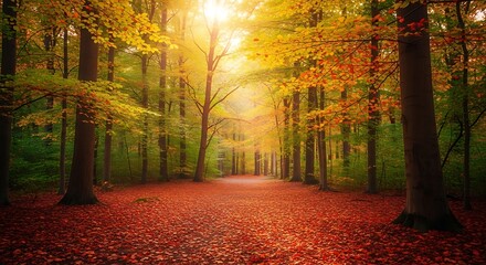 Autumn Forest Path in Golden Light – Scenic Nature Trail with Vibrant Foliage and Fallen Leaves