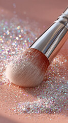 Cosmetic powder shimmer with glitter and shimmer effect on makeup brush on pastel pink background