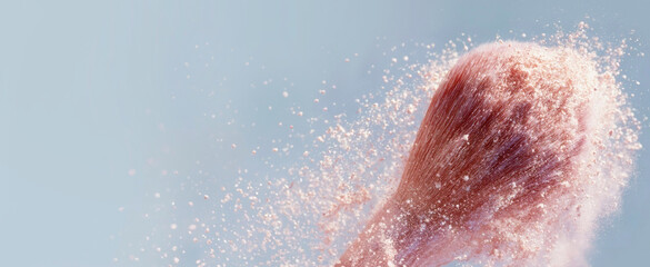 Banner cosmetic pink powder on makeup brush floats lightly on pastel background with space for text. Powder explosion effect