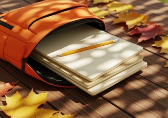 Backpack Ready for School: Notebooks and Fall Leaves