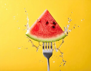 Watermelon slice on a fork with water splash