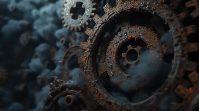 The Rust programming language concept depicts rusty gears emerging from the darkness, symbolizing robust and efficient systems programming. 4k video