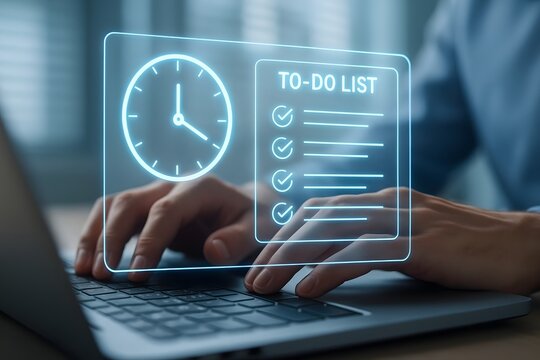 Hands typing on laptop with glowing to do list and clock interface