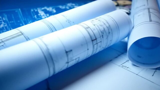 Rolled blueprints with building plans lie on a blue surface, showcasing architectural designs. Focused on rolls, background subtle