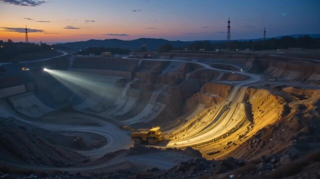 A mine illuminated by powerful spotlights at sunset, showing off multi-story excavations and heavy machinery. 4k video
