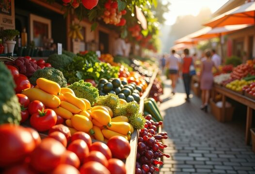 vibrant farmers market colorful produce fresh fruits vegetables arrangement organic harvest natural aisle bountiful displays, basket, bounty, healthy, leafy