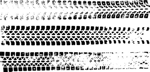 Vector illustration of various tire tracks in a grunge style