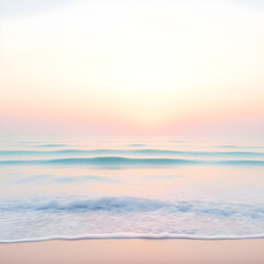 coastal scene at sunrise, featuring gentle, pastel-colored waves washing onto a sandy beach under a soft gradient sky
