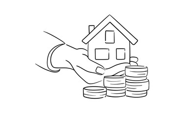 Business human hand hold coin and house, continious line drawing, digital marketing outline. Vector illustration