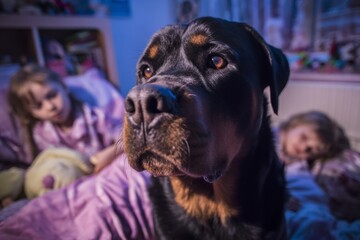 Watchful rottweiler: a peaceful vigil of protection in children's room. Dog exercise needs. Top large dog breeds: loyal family companions offering security and love. Large dog traits.