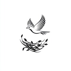 Obraz premium Simple black and white bird in flight above a nest