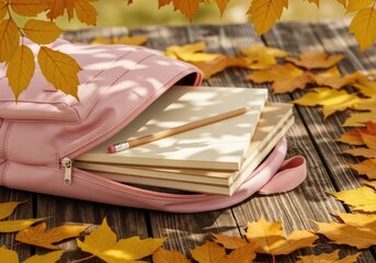Backpack Ready for School: Notebooks and Fall Leaves