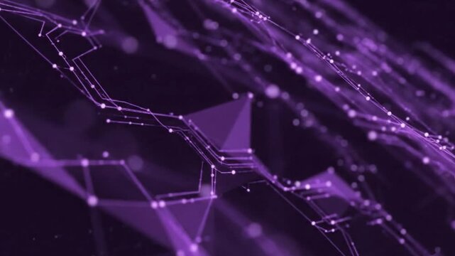 Geometric network of violet lines  dots creates a futuristic weblike pattern against a blurred background