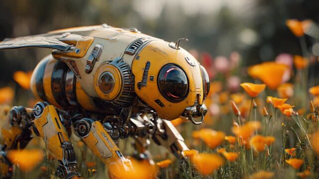 A stylized bee-like robot amongst orange wildflowers