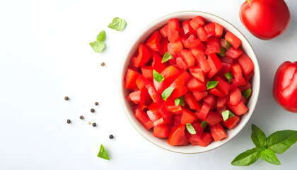 Pieces of fresh red bell peppers in bowl isolated on white, top view