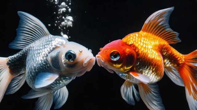 Two gold fish swimming in a dark environment