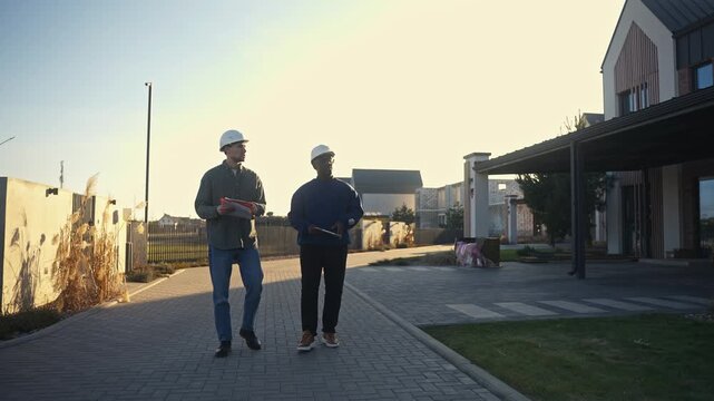 The managers of the construction company discuss the completed work as they pass by the finished houses