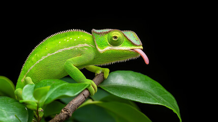 Fototapeta premium Chameleon on branch with vibrant green colors and natural environment closeup