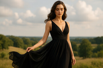 Elegant woman in flowing black dress standing in serene countryside