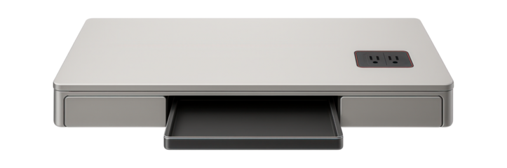 Minimalist workstation with hidden storage compartments and integrated power outlets