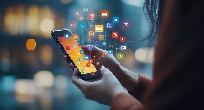 Person holding smartphone displaying colorful app icons and digital network connections mobile phone