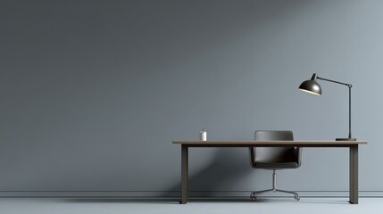 Desk with Lamp and Chair Against Gray Wall