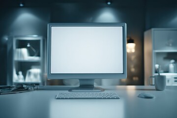 Computer Monitor, Keyboard, Mouse, and Mug on Desk