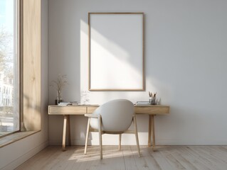 Desk and Chair Below Blank Frame in Interior