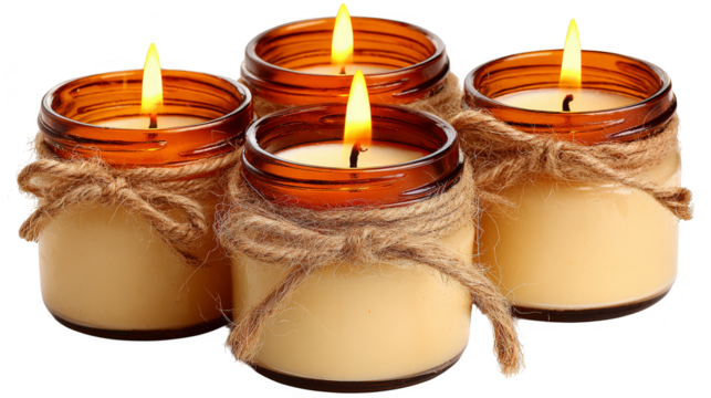 Four rustic candles wrapped in twine, creating a warm and cozy ambiance for your home.