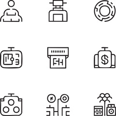 Science and technology vector icon set adjustable line weight,editable stroke,outline icons user,machine,target,clock,printer,money,light,technology,water icon set