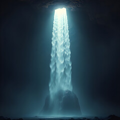 waterfall plunges from a glowing opening in a dark cave ceiling