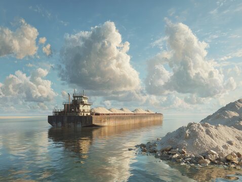 Cargo barge floating on calm sea water with rocky coastline and cloudy sky in the background

 - Powered by Adobe