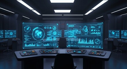 Futuristic command center with glowing blue holographic data displays and multiple screens