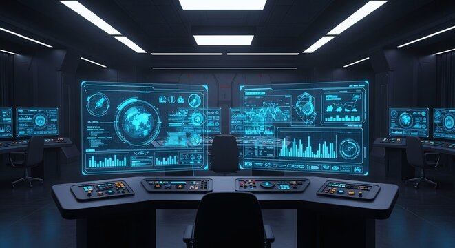 Futuristic command center with glowing blue holographic data displays and multiple screens