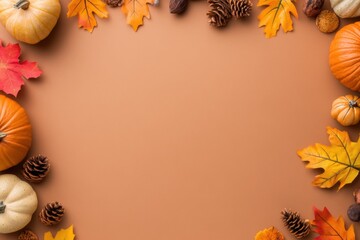 Fototapeta premium Autumn Harvest: An overhead shot captures the essence of autumn, with vibrant pumpkins, leaves, and pinecones artfully arranged, creating a warm and inviting border around empty space. 