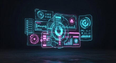 Collection of futuristic glowing digital screens displaying data and information