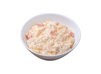 Russian salad or mayonnaise salad in a bowl isolated over white background