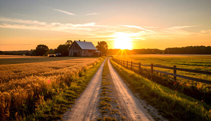 Naklejka premium Rustic Farmhouse on Dirt Road at Sunset