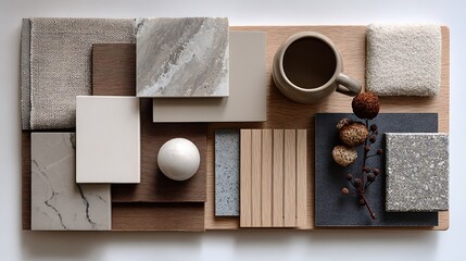 a material mood board for kitchen, neutral colors .