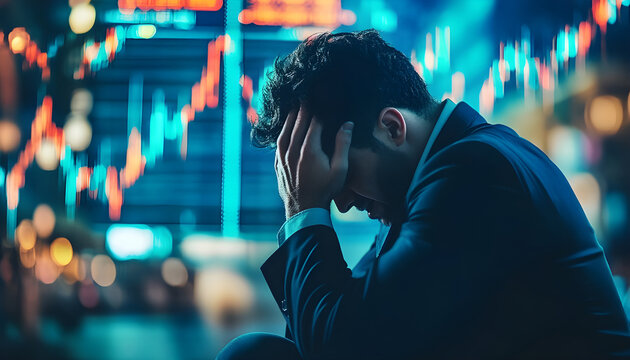 Business failure and unemployment problems from the economic crisis. Stressed businessman sits in panic digital stock market financial background. Stock market and global economic inflation recession