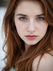 Obraz premium Close-Up of Red-Haired Woman with Bare Shoulder Pose in Natural Light, with Soft Makeup and Focused Gaze, with Winter Beauty Look and Smooth Skin