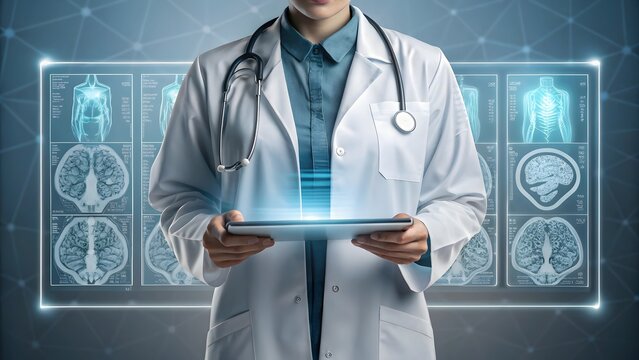 Doctor using tablet with futuristic medical scans of human body and brain - Powered by Adobe