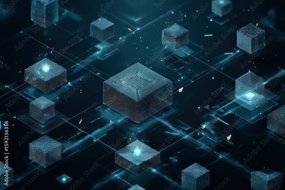 Poster Blockchain concept emphasizing decentralized systems and secure digital data exchanges.