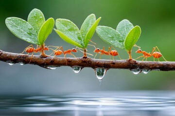 Weaver ants carrying green leaves on a branch over water after rain