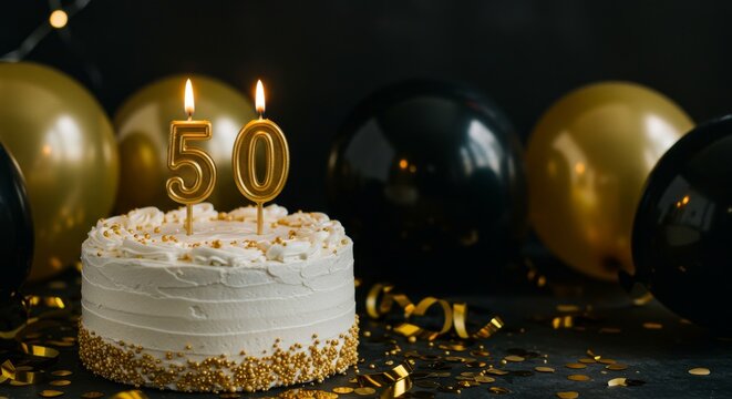 50th birthday cake. Celebrating with Cake and Balloons Number Fifty Candles on Delicious Party Treat