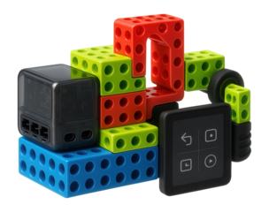 Educational robotics kit with colorful interlocking bricks and graphical programming interface