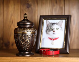 A pet memorial shelf with an urn, a photo frame of a smiling cat, and a red collar. Represents pet loss, remembrance, and enduring love.
